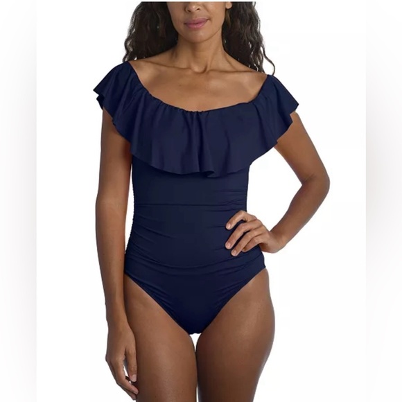 La Blanca Island Goddess Off-The-Shoulder Ruffled Tummy-Control Swimsuit Size 4 - Picture 3 of 9